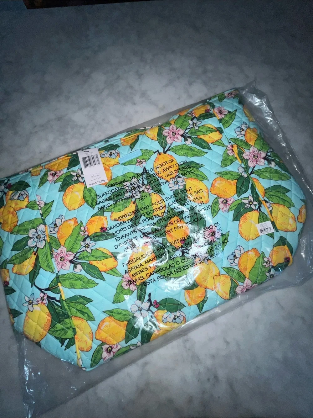 Vera Bradley Aqua Lemon Floral Quilted Tote